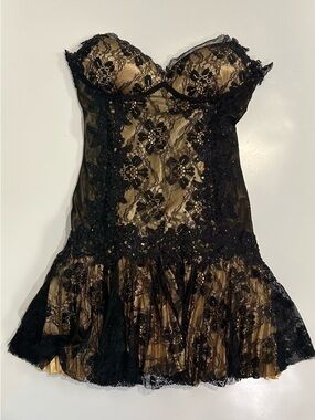 Dave & Johnny Black and Gold Lace Evening Dress